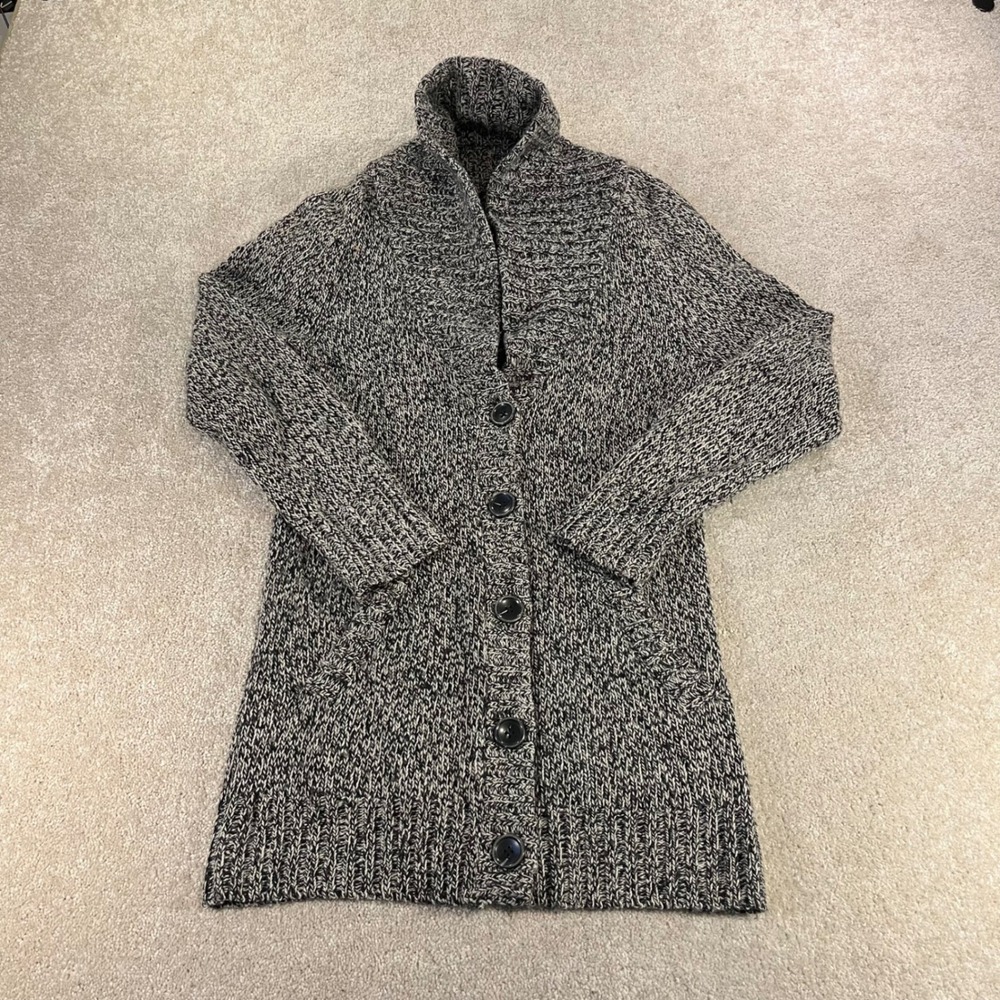Eddie Bauer Cardigan Womens XS Black White Wool Blend Shawl Collar Knit